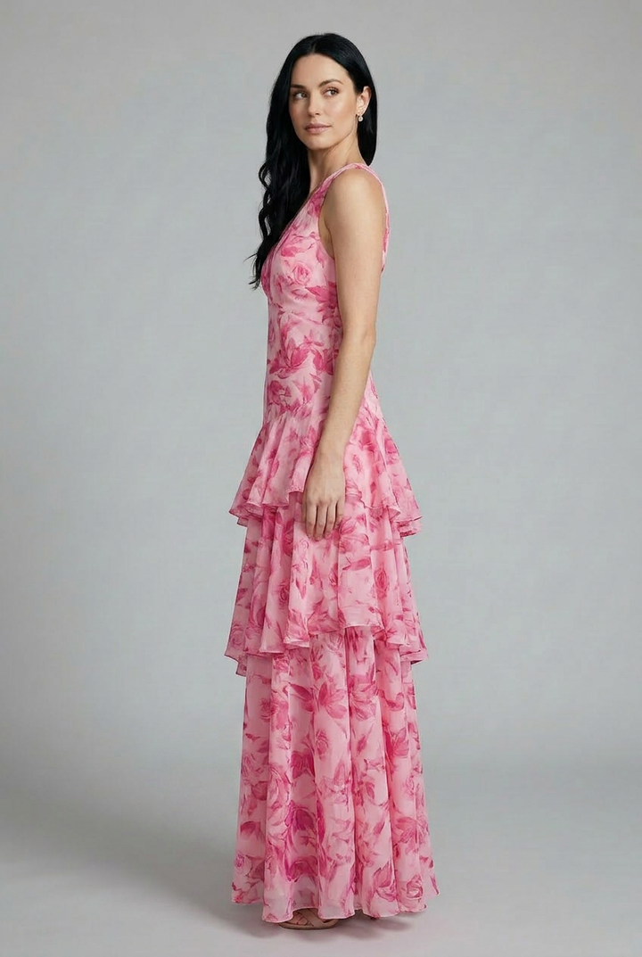 Sleeveless floral print maxi dress for women, with a chic v-neck and flowy tiered silhouette for summer.