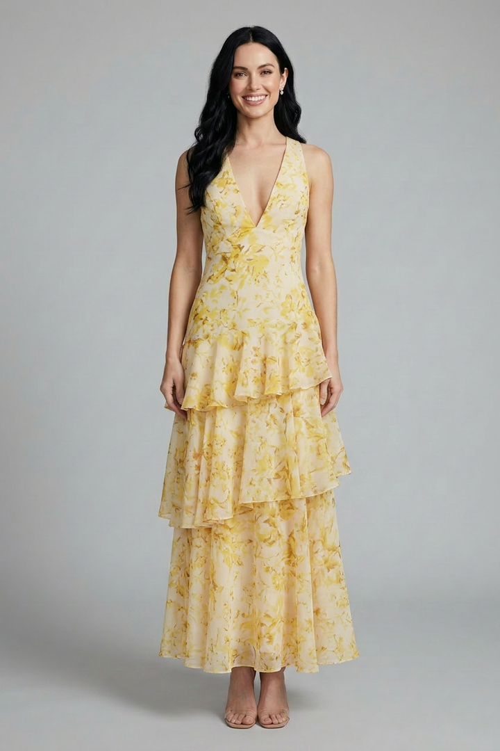 Lightweight women's summer floral maxi dress, tiered for comfort and style, with a flattering v-neck.