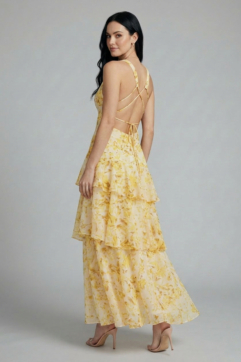 V-neck floral tiered maxi dress for women, a stylish sleeveless summer dress for casual or elegant occasions.
