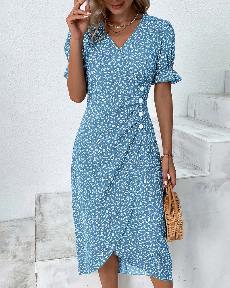 Green floral printed V-neck maxi dress for women. Perfect flowy summer casual wear.