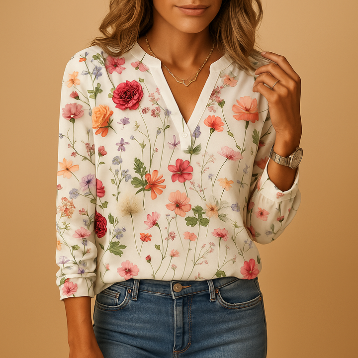 Women's floral V-neck long sleeve blouse, perfect for stylish casual wear or elegant workwear. Comfortable spring fashion.