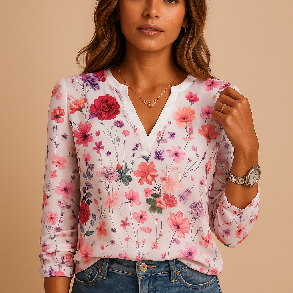 Elegant women's floral V-neck blouse, versatile for spring/summer; comfortable long sleeve top for casual or work.