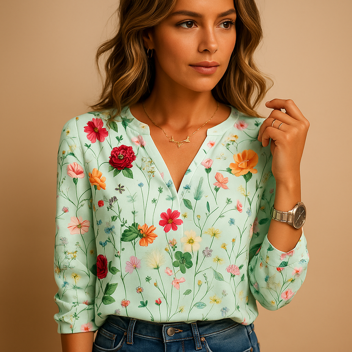 Stylish women's floral V-neck blouse with long sleeves, offering effortless style and comfort for everyday wear.