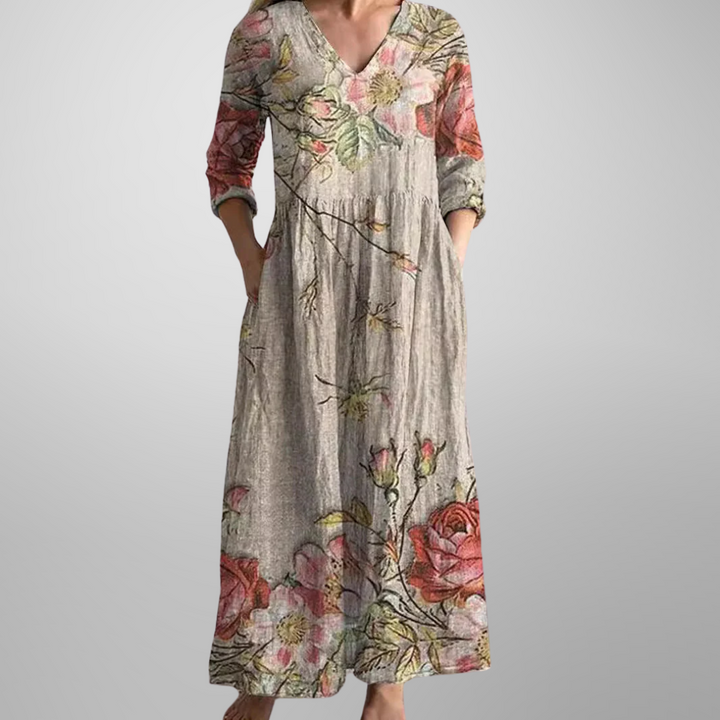 Women's floral V-neck maxi dress, elegant and flowy, perfect for summer casual wear.