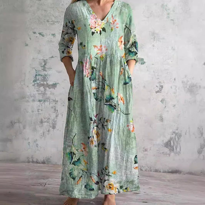 Beautiful floral V-neck maxi dress for women, a comfortable and elegant choice for summer and casual events.