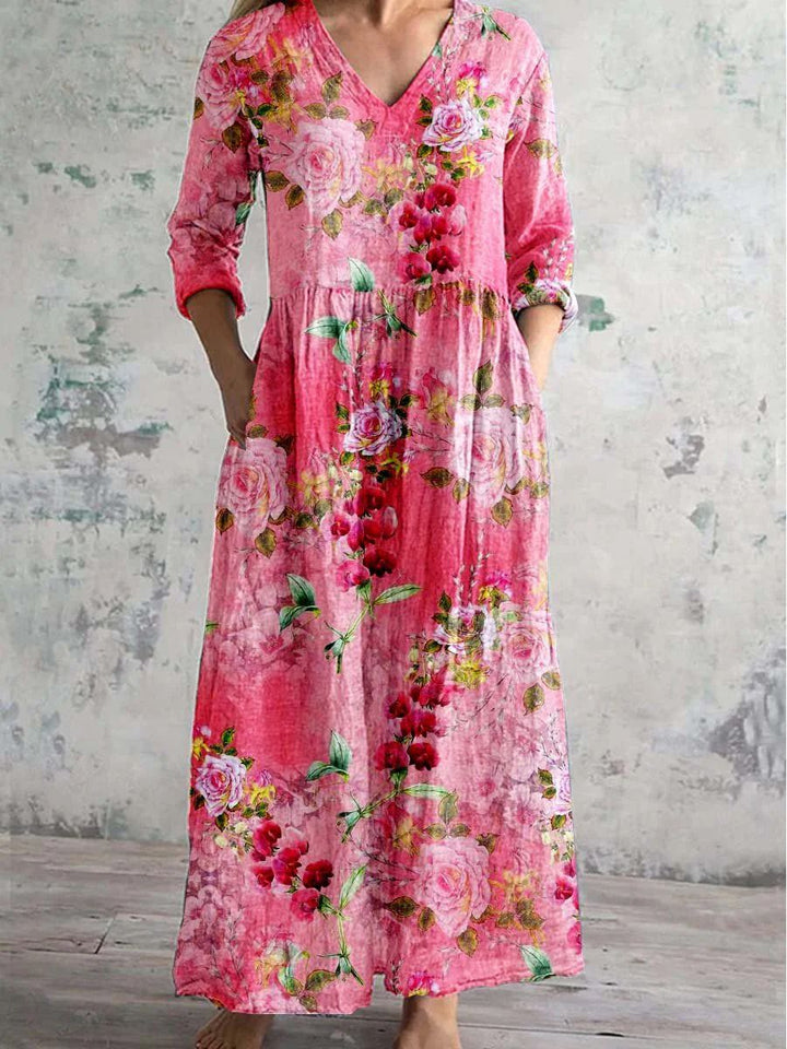 Women's elegant floral V-neck maxi dress, versatile for everyday wear and summer occasions. Relaxed fit.