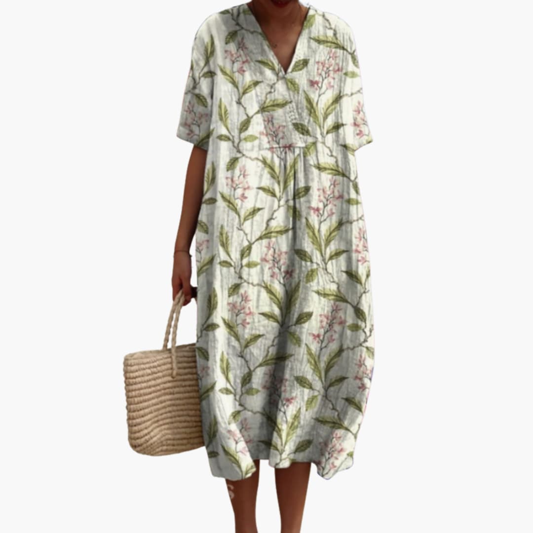 Light, breathable floral V-neck midi dress for women, short sleeve, oversized casual summer wear.