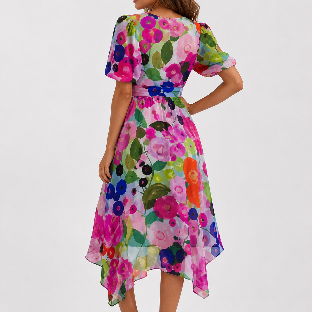 Versatile women's floral V-neck midi dress with flutter sleeves, suitable for day or evening events.