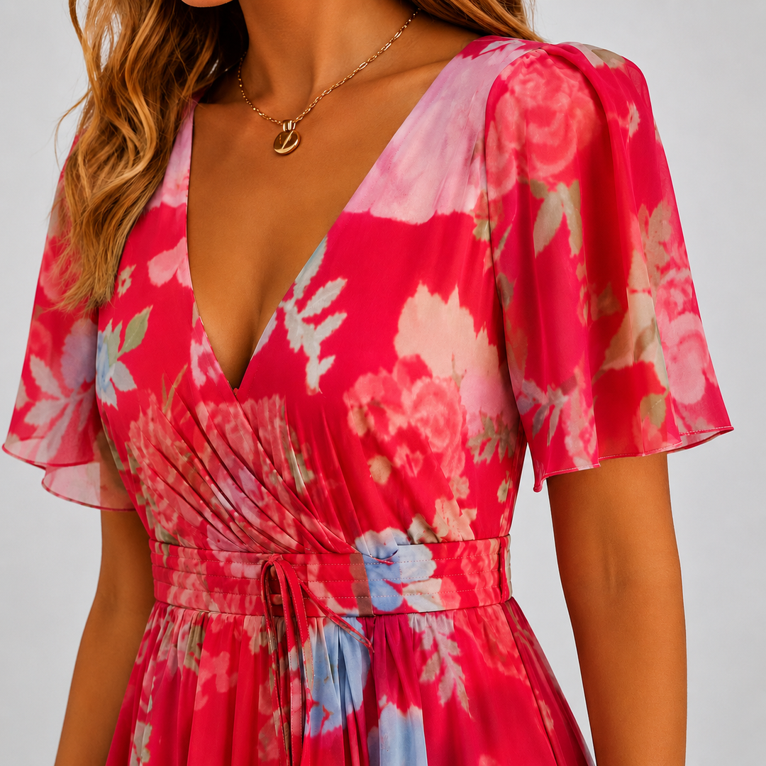 Elegant women's midi dress featuring a vibrant floral pattern, V-neck, and delicate flutter sleeves.