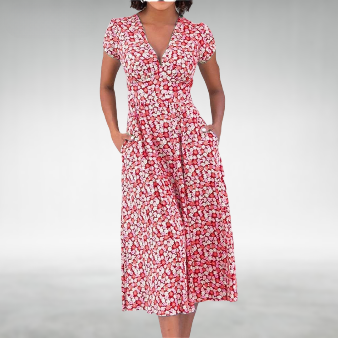 Comfortable women's spring floral V-neck midi dress featuring practical pockets.