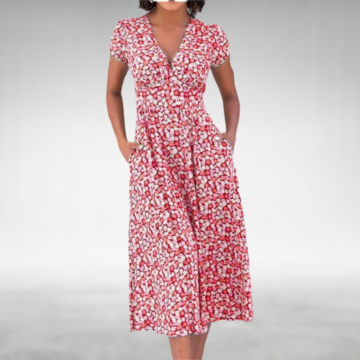 Comfortable women's spring floral V-neck midi dress featuring practical pockets.