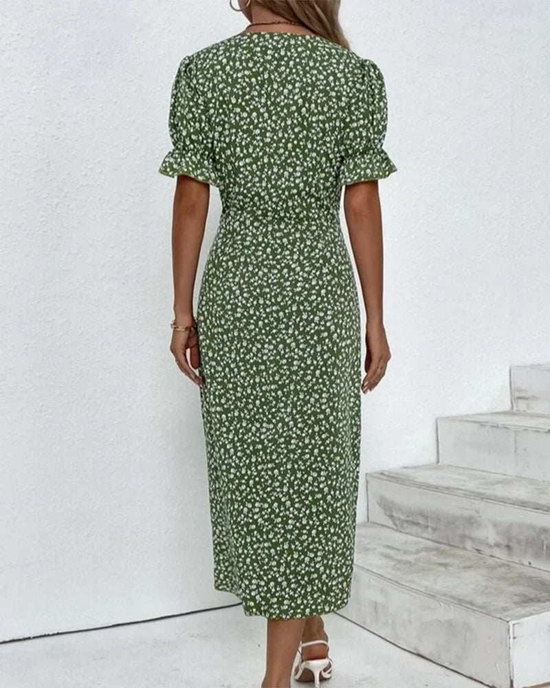 Summer-ready floral wrap midi dress, women's V-neck, perfect for elegant casual style.