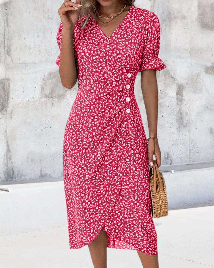 Elegant floral wrap V-neck midi dress, women's spring fashion, flattering and versatile.
