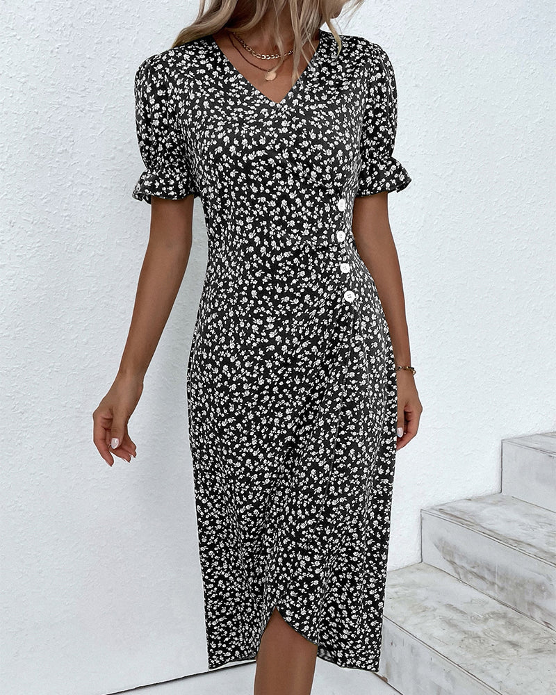 Effortless floral wrap midi dress, women's V-neck style, versatile for casual to party wear.