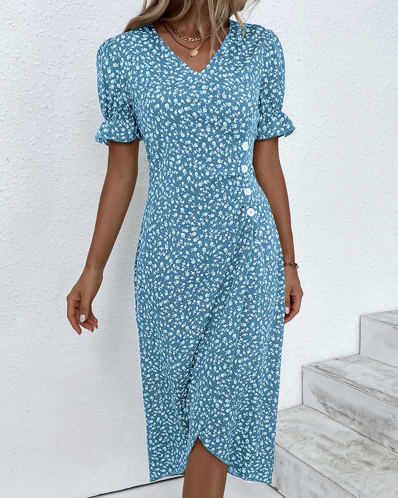 Flattering floral pattern wrap midi dress, V-neck women's style, ideal for summer elegance.