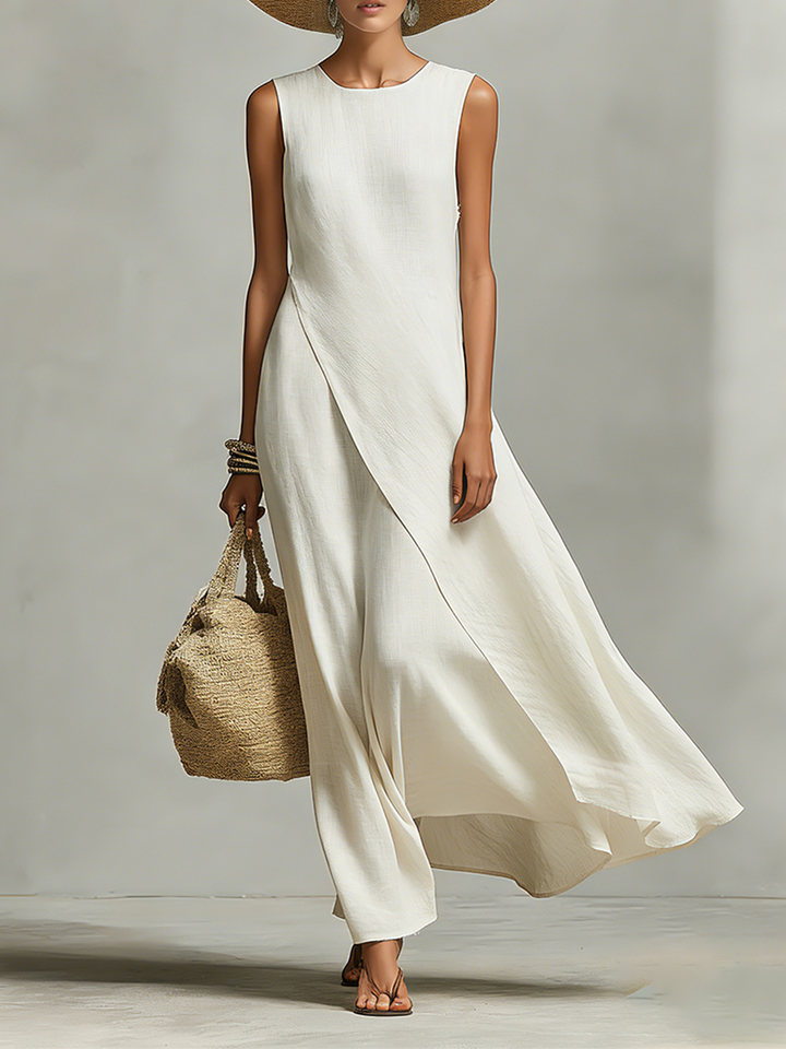 Women's flowy asymmetric hem sleeveless maxi dress in ivory, perfect for summer casual or elegant vacation wear.