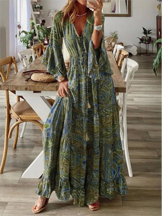 Woman wearing a stylish flowy boho maxi dress, designed for ultimate comfort and chic summer fashion.