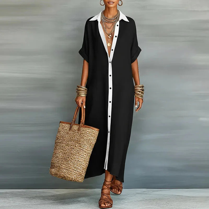 Vibrant flowy boho maxi dress for women, designed as a comfortable shirt dress with a contrast print.