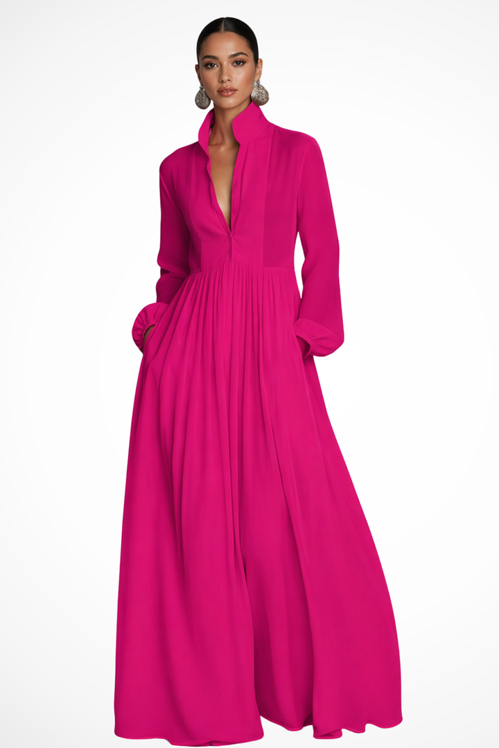 Elegant women's button-front maxi dress with long flowy sleeves & pockets, perfect for casual or event wear.
