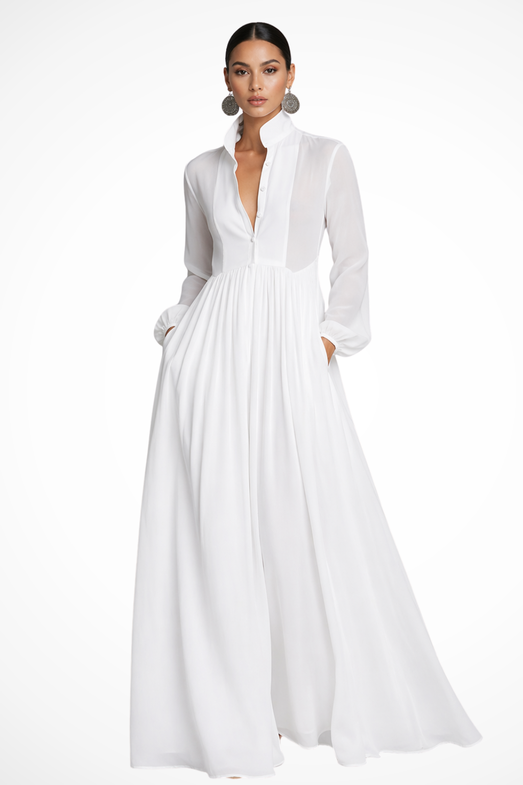 Comfortable long sleeve flowy maxi dress for women, featuring a stylish button-front design & pockets.