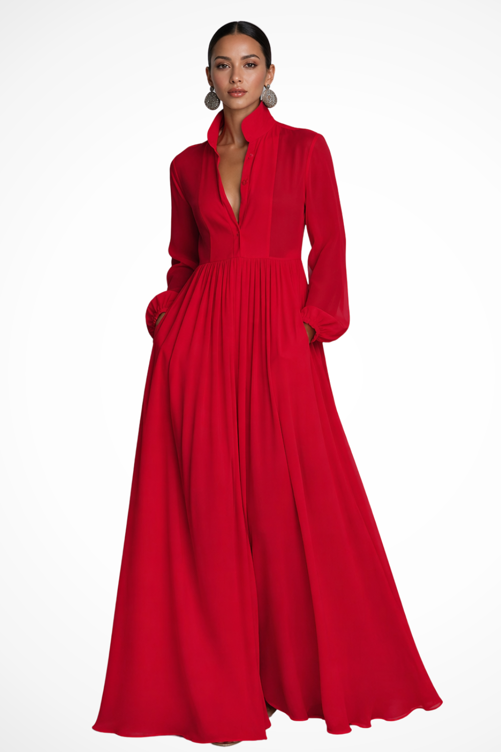 Versatile women's button-front maxi dress with long sleeves & functional pockets, suitable for various seasons.