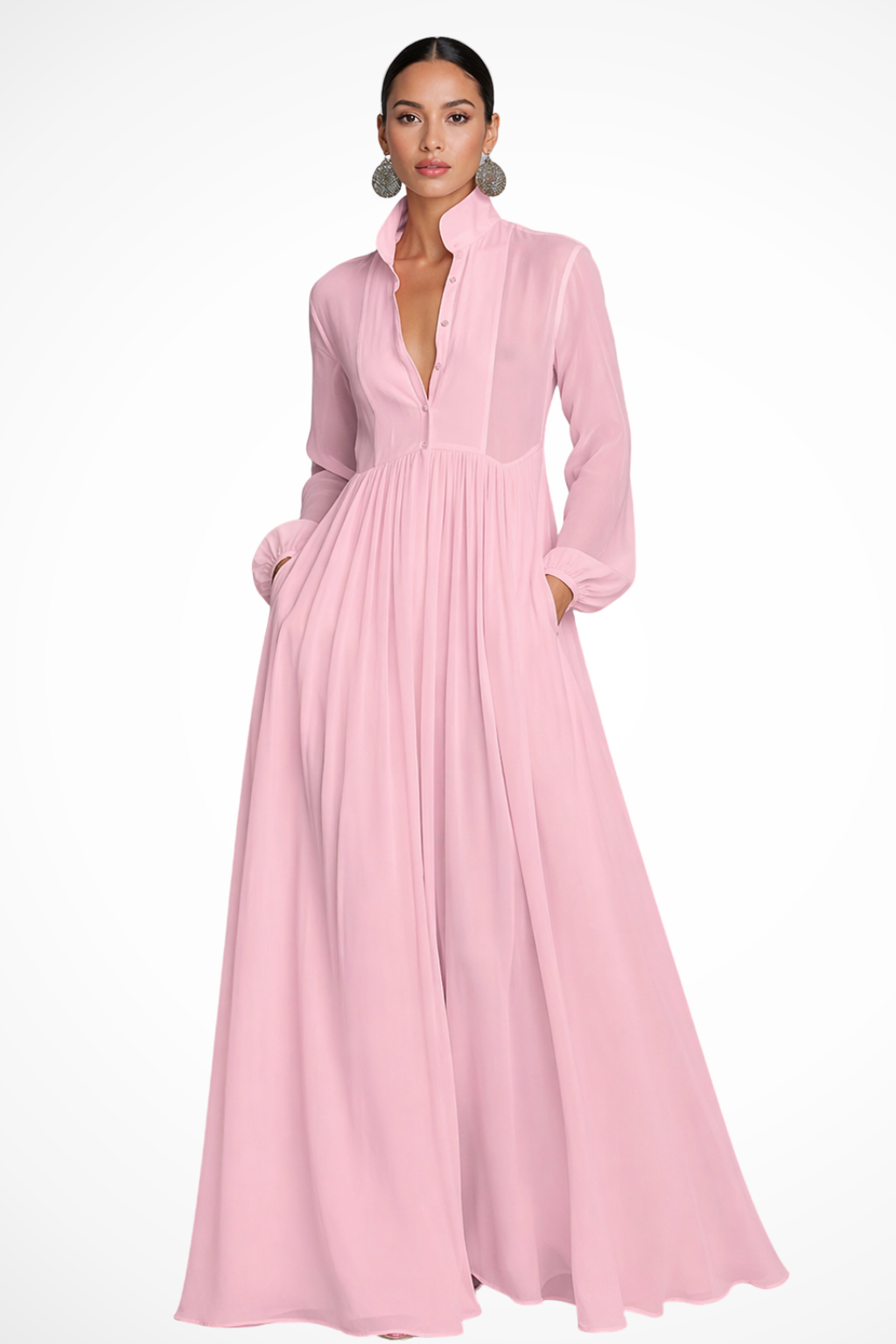 Stylish women's flowy long sleeve maxi dress, featuring a chic button-front closure & convenient pockets.