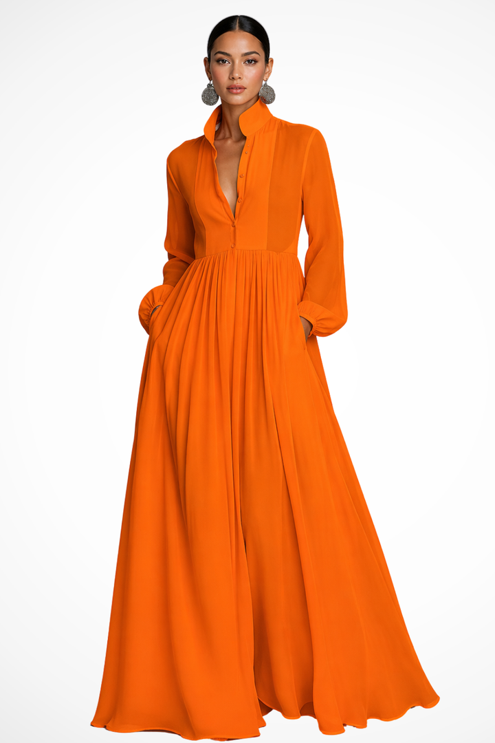 Casual yet elegant women's maxi dress with long sleeves, button-front, and essential pockets for everyday comfort.