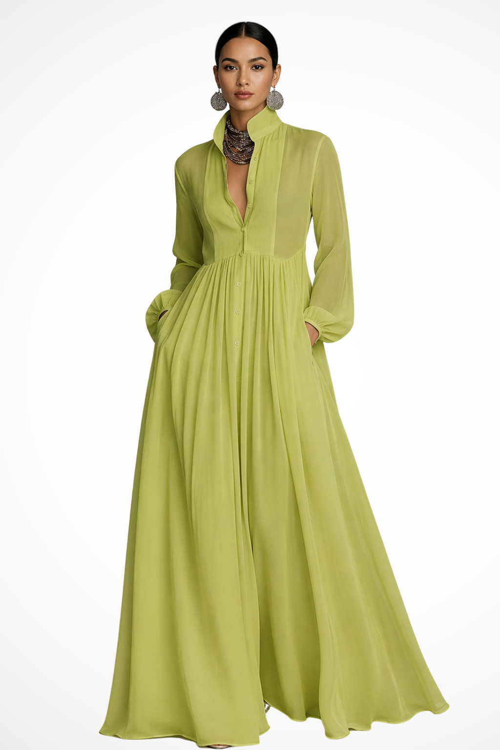 Graceful women's flowy button-front long sleeve maxi dress with handy pockets, perfect for any event.