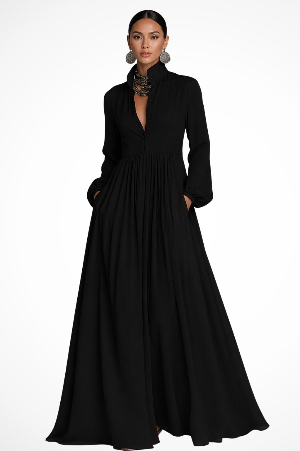 Chic women's long sleeve flowy maxi dress, button-front design, and practical side pockets for modern style.