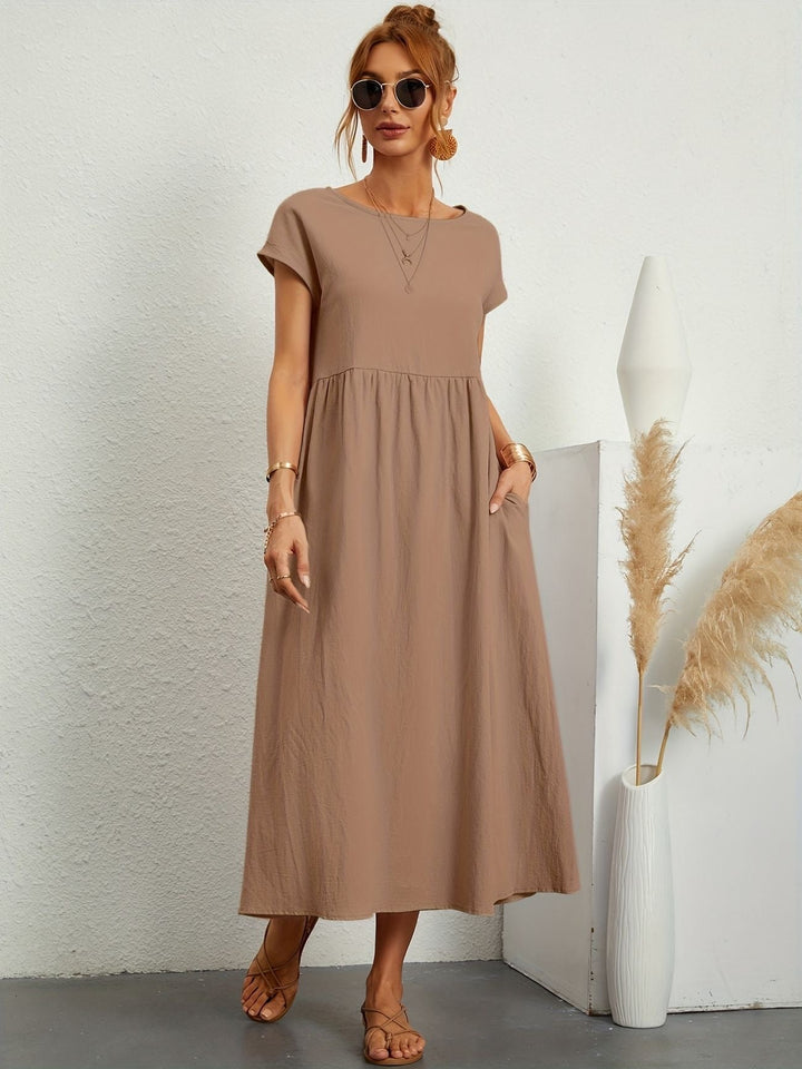 Classic round neck detail of a women's short sleeve flowy maxi dress, offering casual comfort & style.