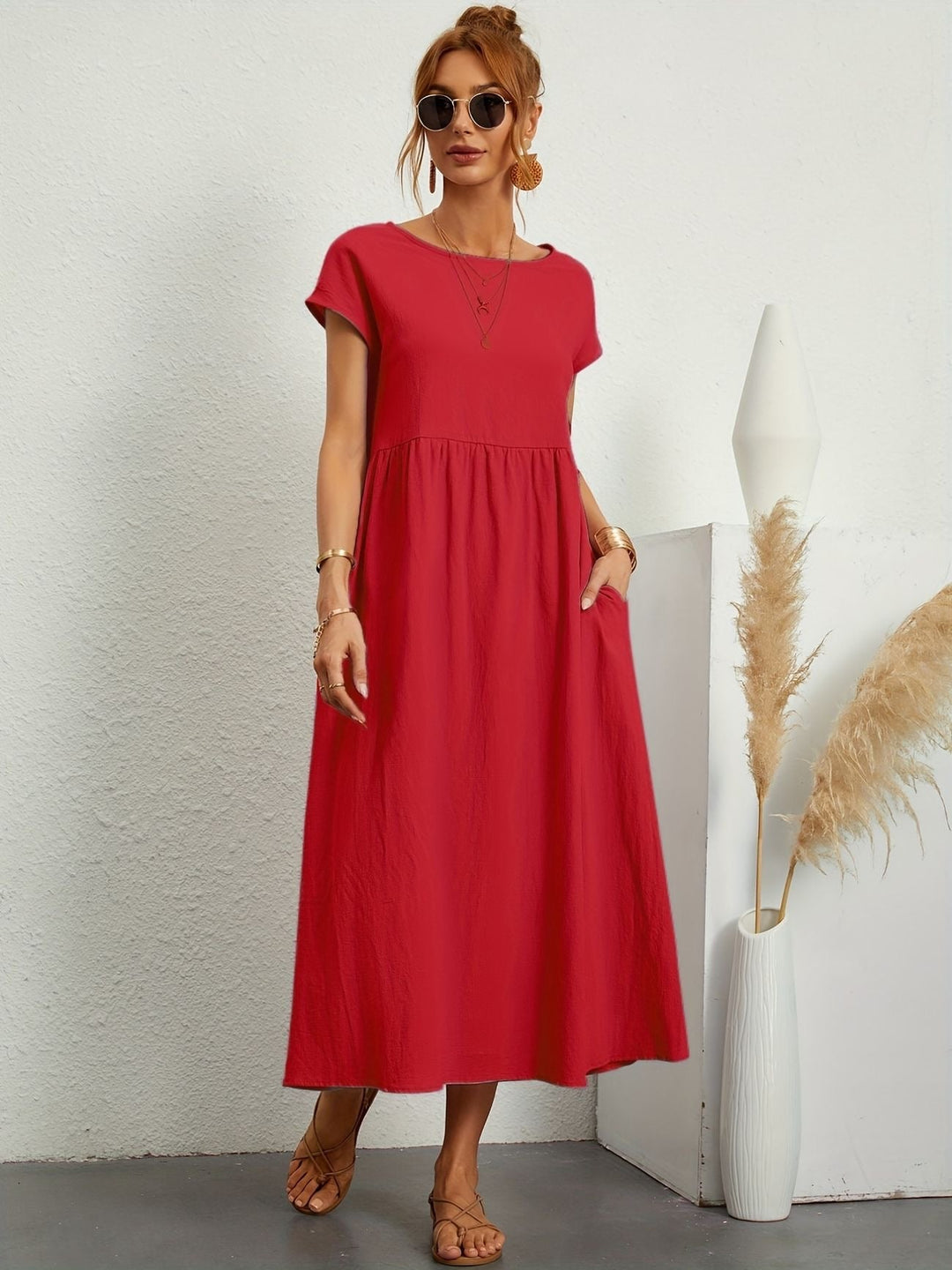 Short sleeve detail on a women's loose fit flowy maxi dress, perfect for comfortable summer and casual wear.
