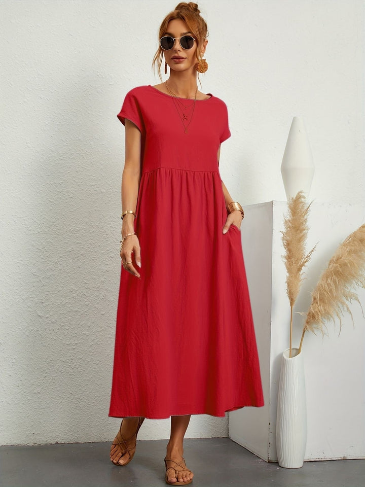Short sleeve detail on a women's loose fit flowy maxi dress, perfect for comfortable summer and casual wear.