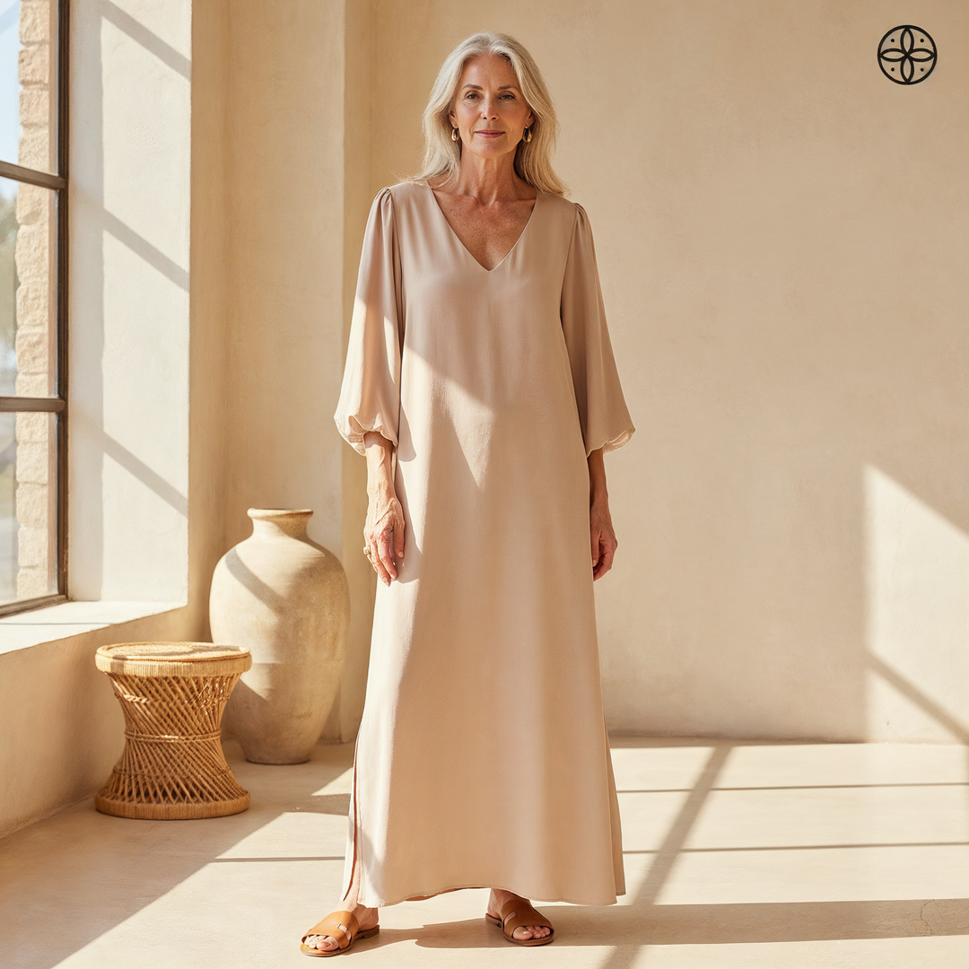 Women's flowy maxi dress with elegant balloon sleeves, V-neck, and practical pockets. Perfect for summer.