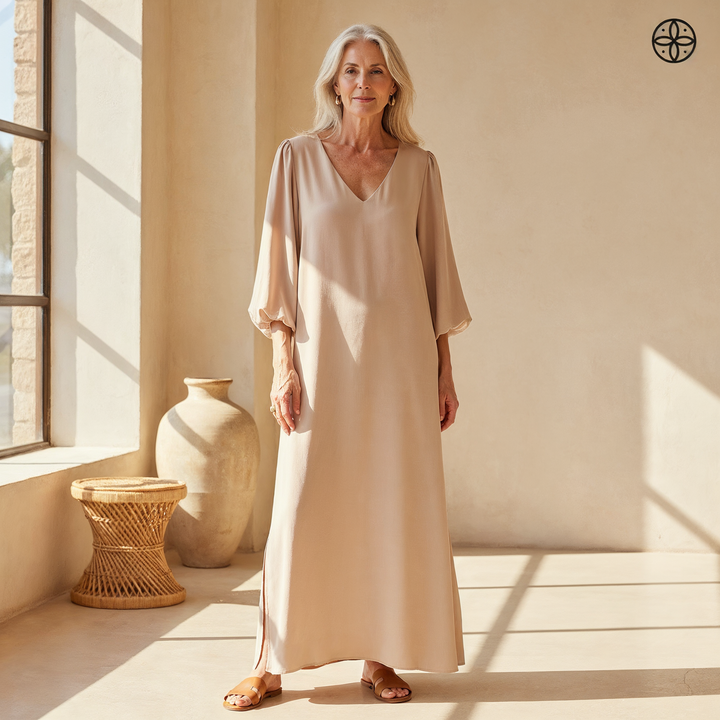 Women's flowy maxi dress with elegant balloon sleeves, V-neck, and practical pockets. Perfect for summer.