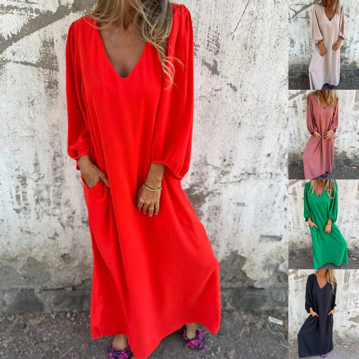 Women's versatile V-neck flowy maxi dress with balloon sleeves & pockets. Comfortable, elegant, perfect for summer/spring.
