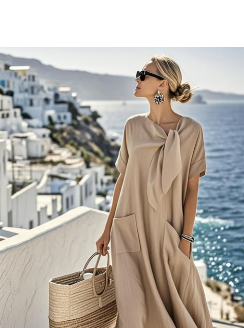 Elegant women's maxi dress featuring a chic tie neck, short sleeves, and handy pockets, perfect for casual summer wear.