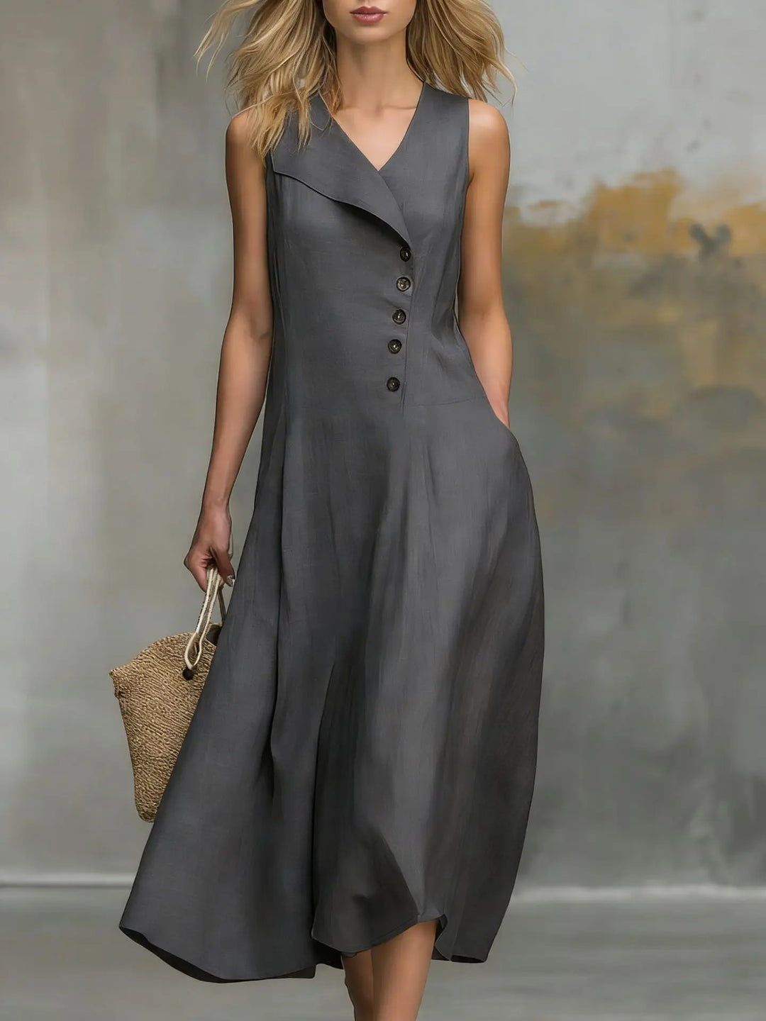Close-up of the elegant button detail and soft flowy fabric on a women's casual midi summer dress.