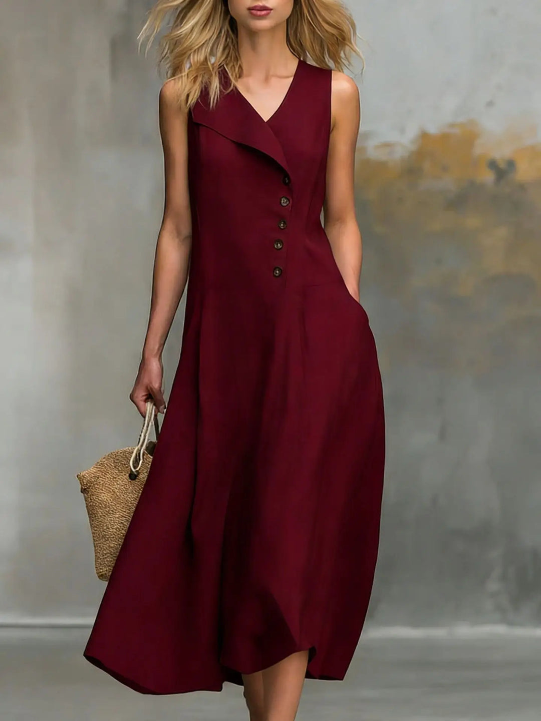 Model wearing a women's sleeveless flowy midi dress with button detail, ideal for versatile everyday style.