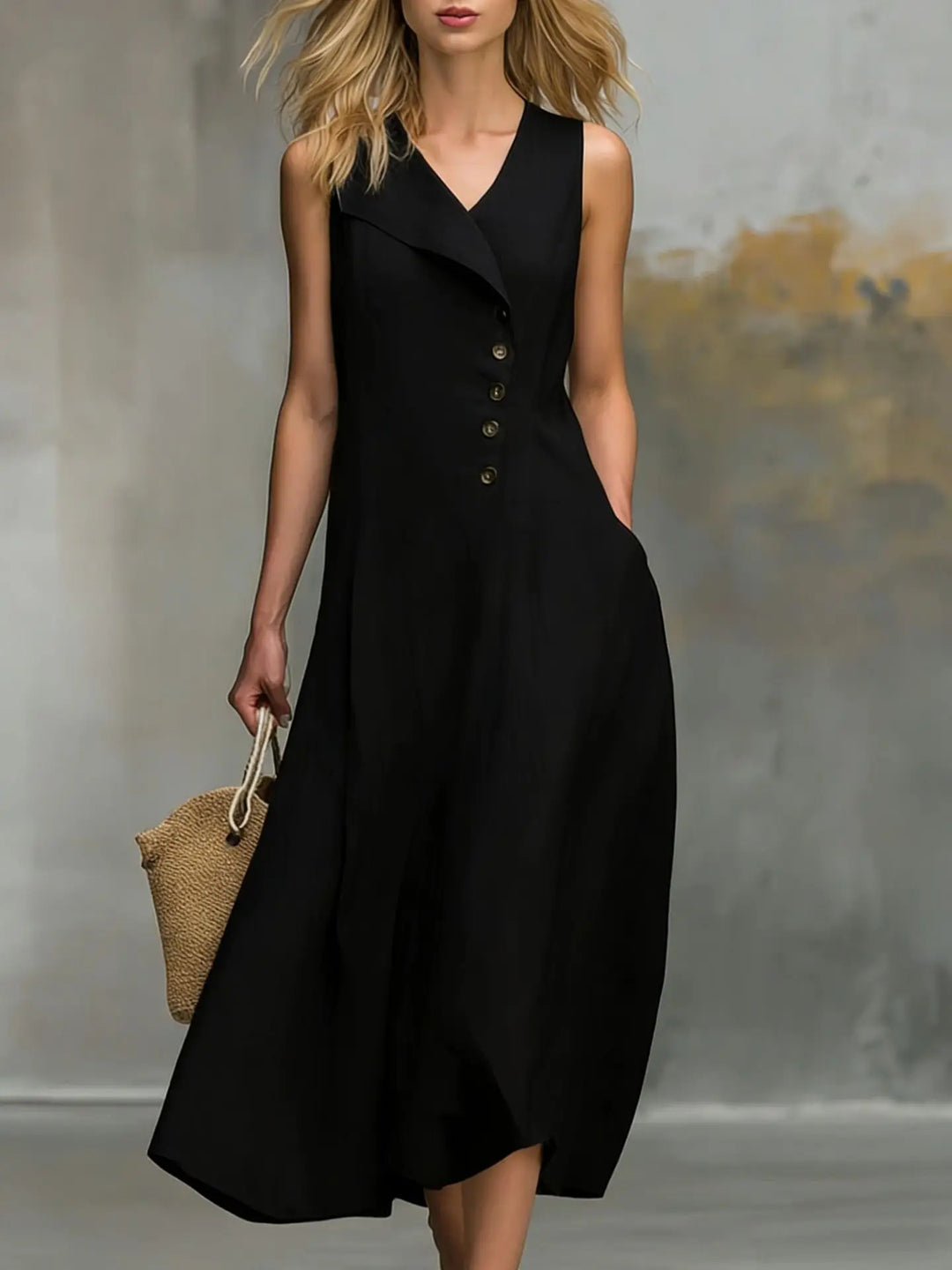 Sleeveless casual women's midi dress with flowy fabric, V-neck, and stylish button detail, great for summer.