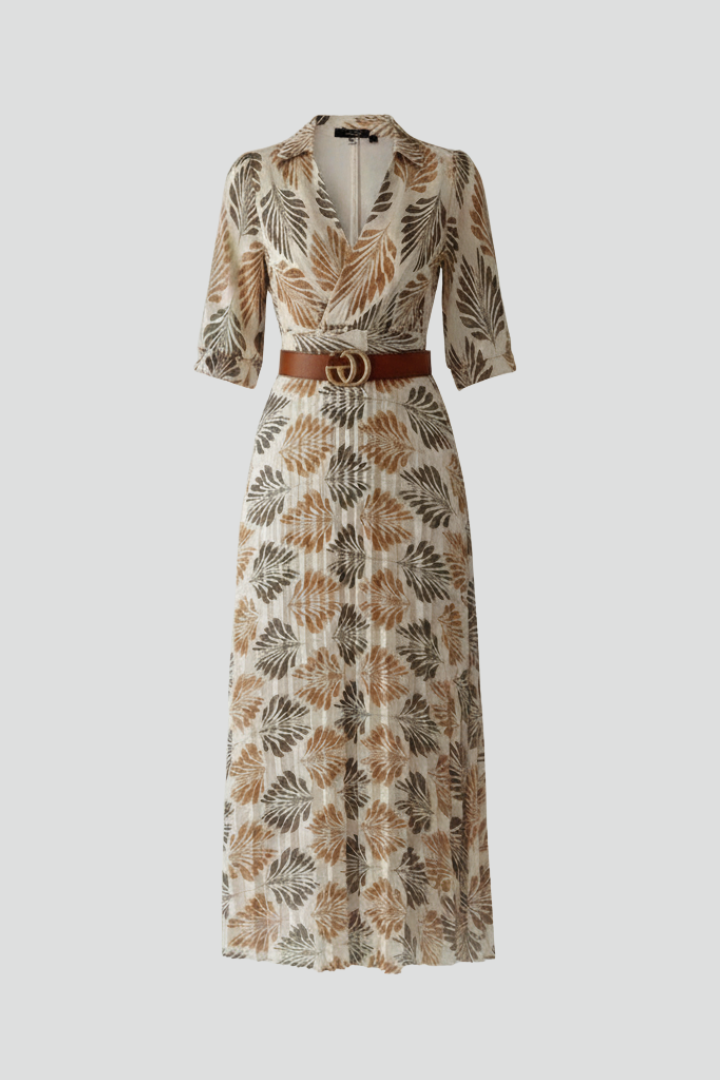 Women's flowy patterned maxi dress with elegant elbow sleeves, perfect for summer casual wear.