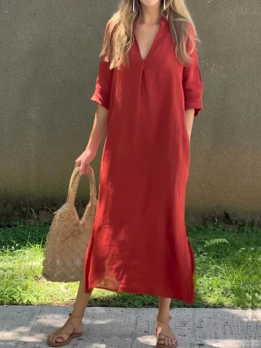 Casual V-neck maxi dress for women, offering a relaxed and flowy fit, ideal for versatile summer and everyday style.