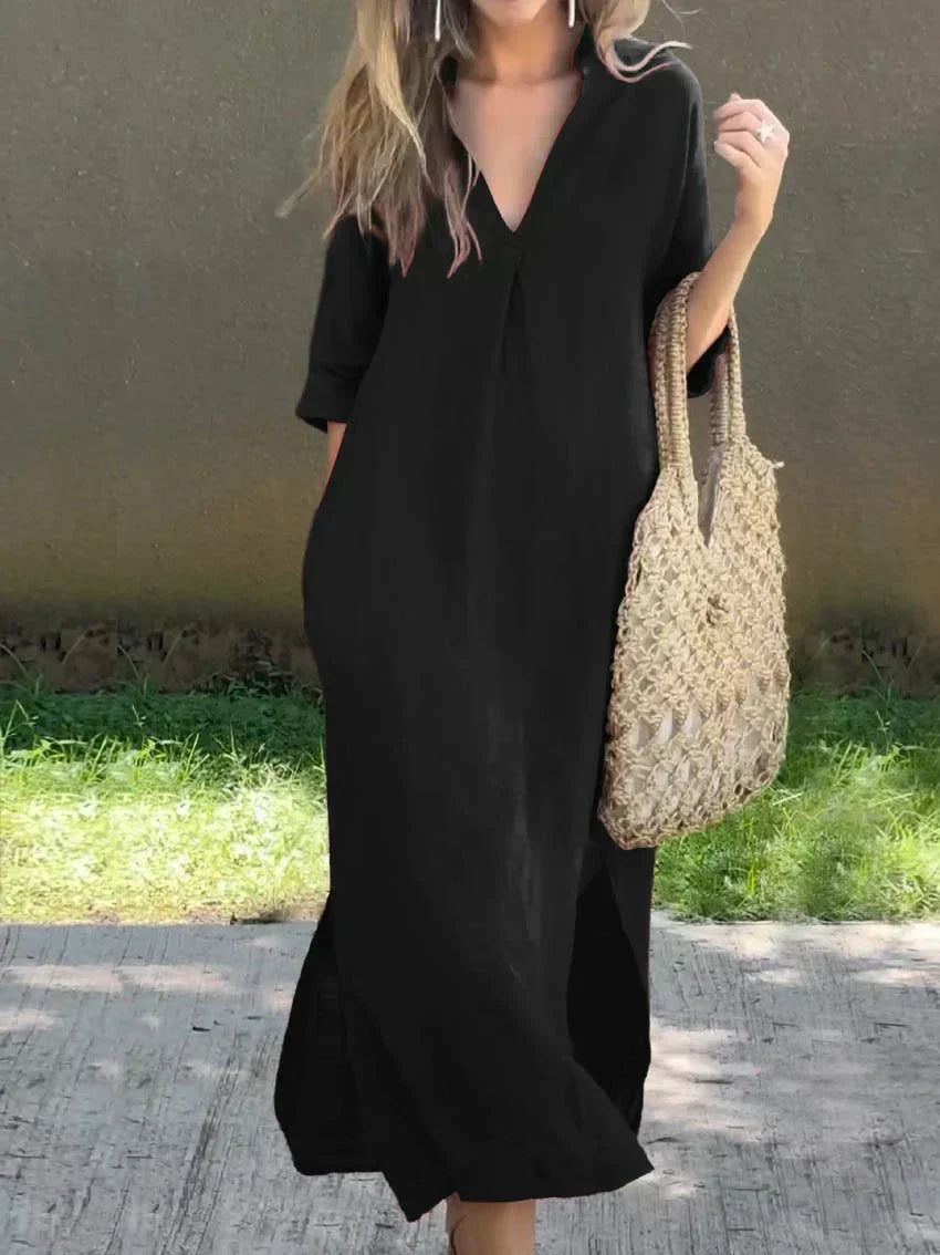 Relaxed fit flowy maxi dress for women, a comfortable V-neck casual style, great for versatile summer everyday wear.