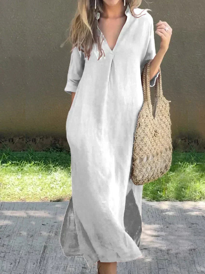Women's flowy maxi dress with relaxed fit V-neck, a comfortable and versatile casual style for summer everyday wear.