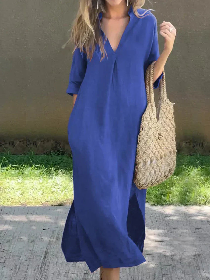 Casual women's maxi dress, flowy and relaxed fit, offering comfortable V-neck style for versatile summer everyday wear.
