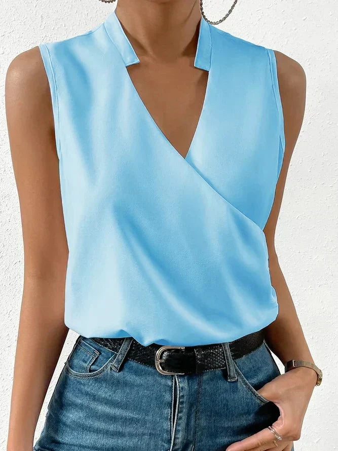 Effortless women's V-neck sleeveless wrap top, ideal for versatile everyday style and summer fashion.