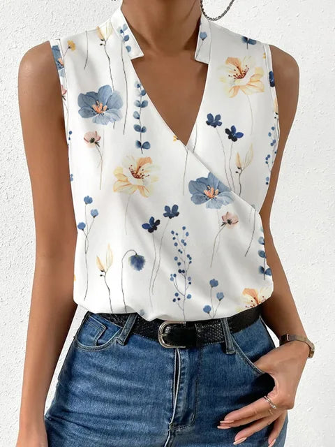 Versatile women's V-neck sleeveless wrap top; its flowy, relaxed fit makes it ideal for work, casual, or smart-casual.