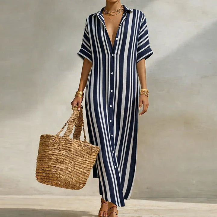 Casual women's striped long shirt dress featuring a stylish V-neck and comfortable 3/4 sleeves for summer.