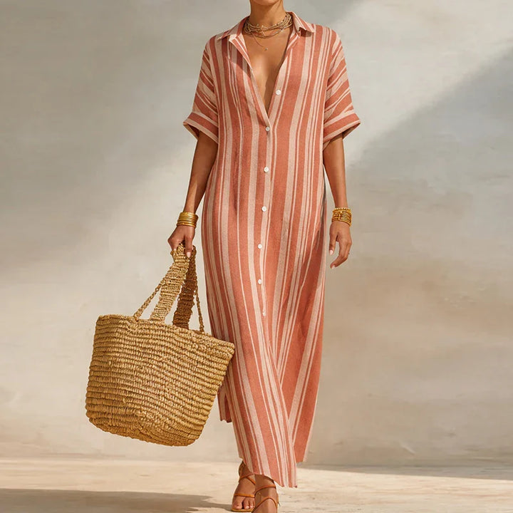 Comfortable women's striped long shirt dress, a versatile and flowy casual summer outfit for everyday wear.