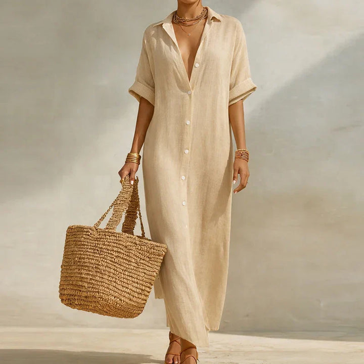 Striped long shirt dress for women, offering a comfortable, relaxed fit with V-neck and 3/4 sleeves for spring/summer.
