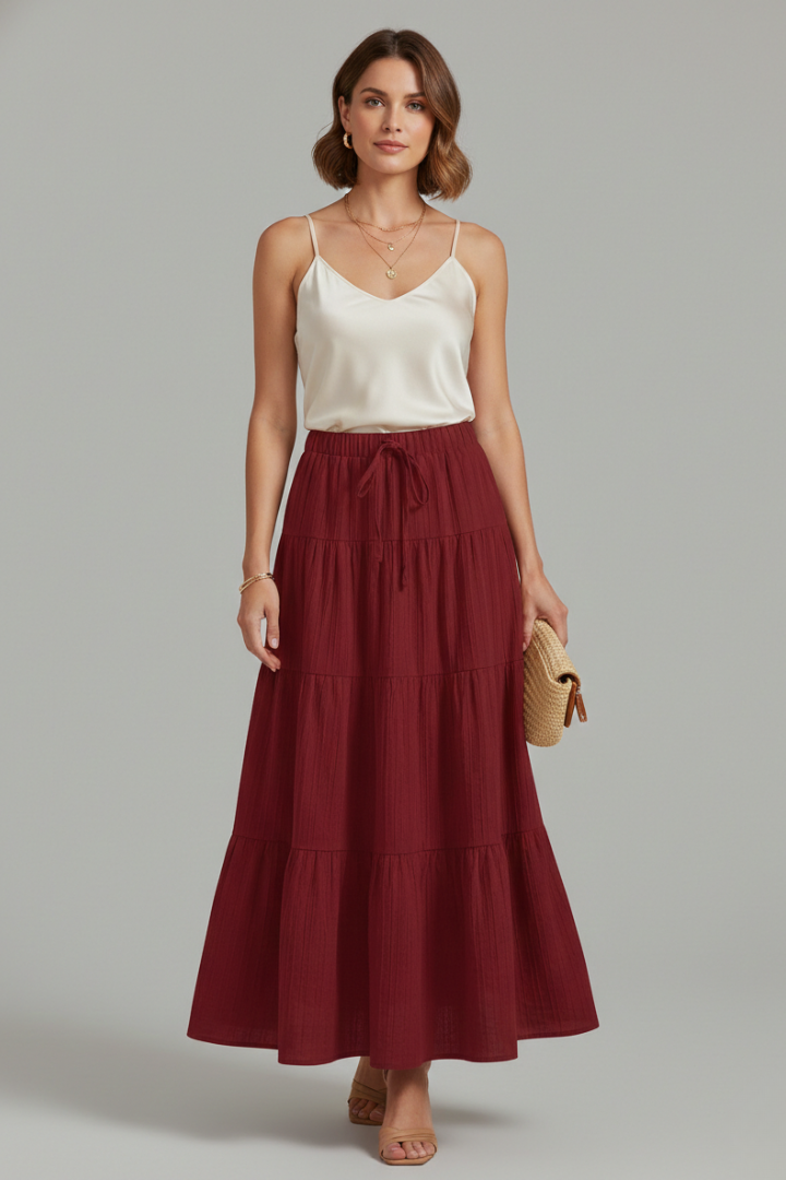 Comfortable women's flowy tiered maxi skirt with elastic waist. Perfect for versatile summer casual outfits.